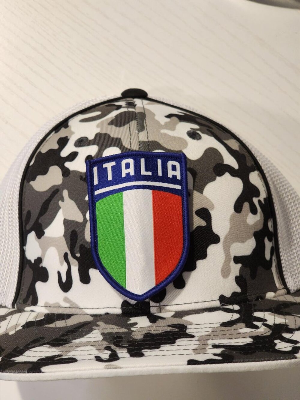 ITALIA Patched Pacific Headwear Snow Camo Flexfit Trucker Hat
